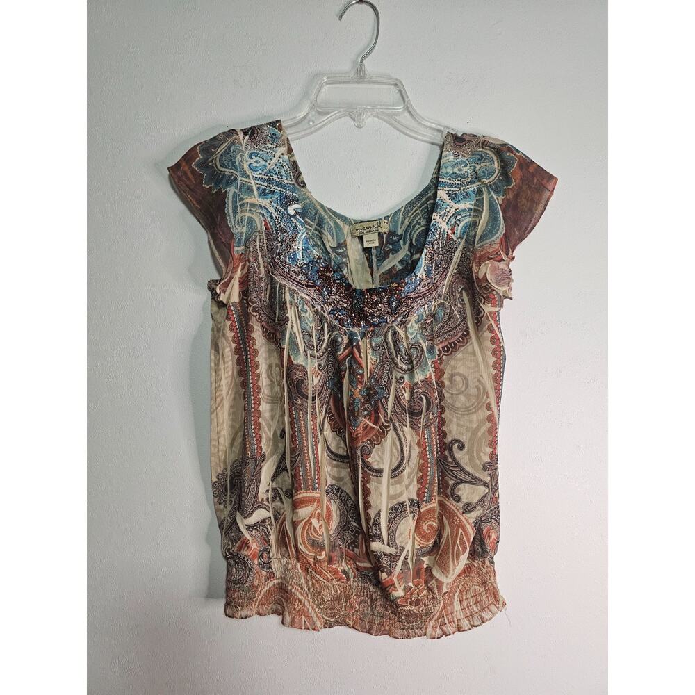 ONE WORLD Women's Top Size PS Small Colorful Embellished Neck Cap Sleeve